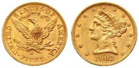USA 5 Dollars 1903 S San Francisco. Liberty / Coronet Head - Half Eagle With motto. Averse: The bust of Liberty with the date below. Lettering:* * * *...