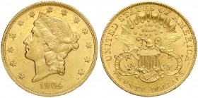 USA 20 Dollars 1904 Philadelphia. 'Liberty Head - Double Eagle' with motto 'TWENTY DOLLARS. Averse: Liberty head wearing a tiara; the 13 stars of the ...