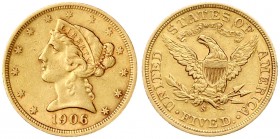 USA 5 Dollars 1906 S San Francisco. Liberty / Coronet Head - Half Eagle With motto. Averse: The bust of Liberty with the date below. Lettering:* * * *...