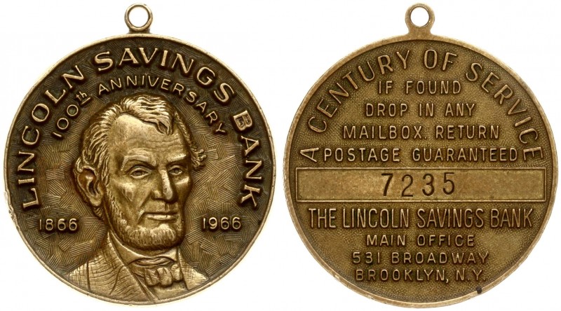 USA Medal (1966) Lincoln Savings Bank 100-th Anniversary 1866-1966. Century of S...