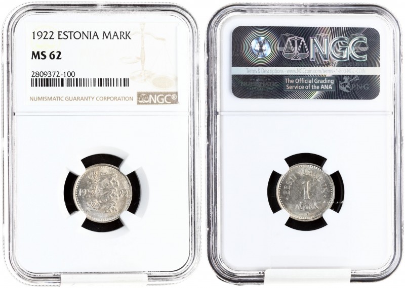 Estonia 1 Mark 1922 Averse: Three leopards left divide date. Reverse: Denominati...