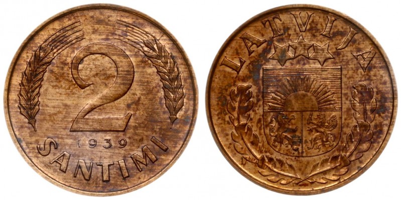 Latvia 2 Santimi 1939 Averse: National arms above sprigs. Reverse: Value flanked...