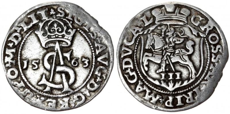 Lithuania 3 Groszy 1563 Vilnius. Sigismund II Augustus (1545-1572). Lithuanian c...