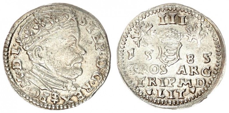 Lithuania 3 Groszy 1585 Vilnius. Stephen Bathory(1576–1586). Averse: Crowned bus...