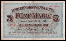 Lithuania 5 Mark 1918 Kaunas Banknote Germany/Occupation of Lithuania WWI. 4.4.1918. N/O C253796. Ros.467; Pick: R130