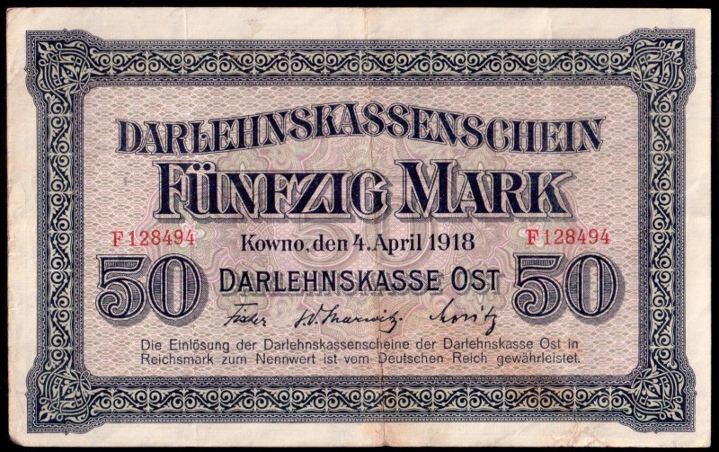 Lithuania 50 Mark 1918 Kaunas Banknote Germany/Occupation of Lithuania WWI. 4.4....