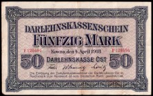 Lithuania 50 Mark 1918 Kaunas Banknote Germany/Occupation of Lithuania WWI. 4.4.1918. N/O F128494. Rosenberg 462