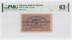 Lithuania 1 Centas 1922 Banknote Bank of Lithuania Pick#7a 1922 1 Centas Series A-S. PMG 63 Choice Uncirculated EPQ