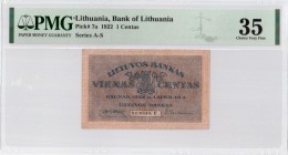 Lithuania 1 Centas 1922 Banknote Bank of Lithuania Pick#7a 1922 1 Centas Series A-S. PMG 35 Choice Very Fine