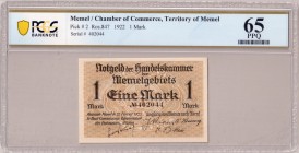 Lithuania MEMEL 1 Mark 1922 Banknote Chamber of Commerce; Territory of Memel. Pick # 2; Ros. 847. Serial # 402044. PCGS 65 PPQ