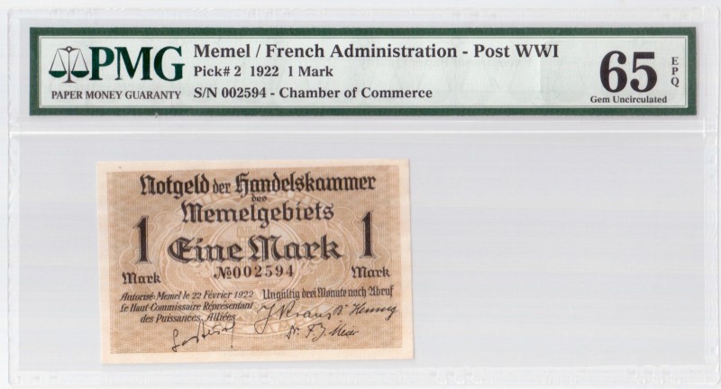 Lithuania MEMEL 1 Mark 1922 French Administration Banknote Chamber of Commerce; ...