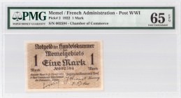 Lithuania MEMEL 1 Mark 1922 French Administration Banknote Chamber of Commerce; Territory of Memel. Pick # 2. Serial # 002594. PMG 65 Gem Uncirculated...