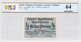 Lithuania MEMEL 1/2 Mark 1922 Banknote Chamber of Commerce. Territory of Memel. Pick # 1; Ros. 846b. 1/2 Mark - 6 Digit S/N Serial # 750903. PCGS 64