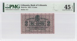 Lithuania 2 Centu 1922 Banknote Bank of Lithuania Pick#8a 1922 2 Centu Series A-J. PMG 45 Choice Extremely Fine EPQ