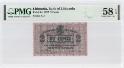 Lithuania 2 Centu 1922 Banknote Bank of Lithuania Pick#8a 1922 2 Centu Series A-J. PMG 58 Choice About UNC EPQ