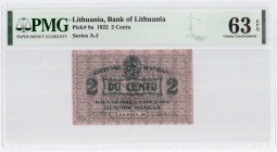 Lithuania 2 Centu 1922 Banknote Bank of Lithuania Pick#8a 1922 2 Centu Series A-J. PMG 63 Choice Uncirculated EPQ