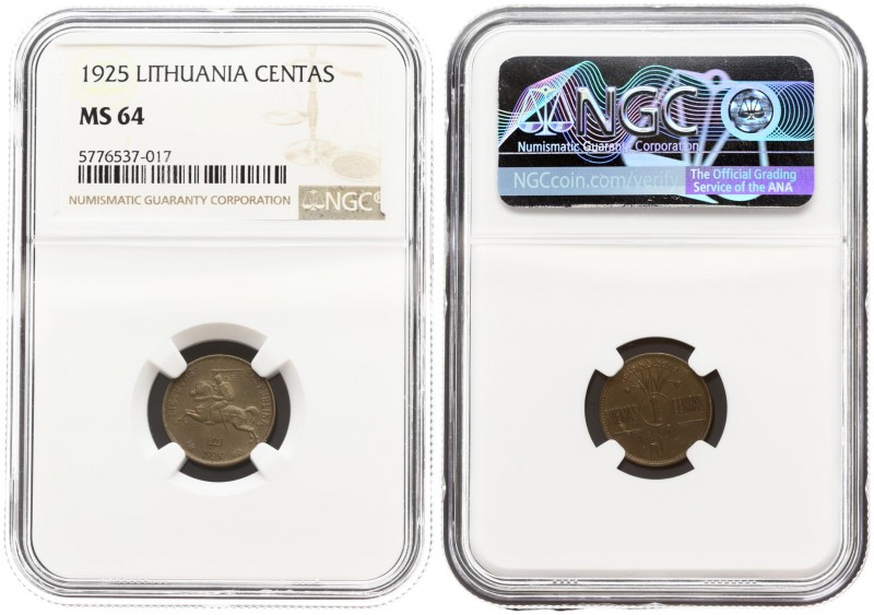 Lithuania 1 Centas 1925 Averse: National arms. Reverse: Value within circle divi...