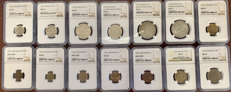 Collection of Lithuanian Coins 1925-1938. 1 Centas 1925 NGC MS 64; 5 Centai 1925...