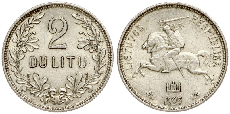 Lithuania 2 Litų 1925 Averse: National arms. Reverse: Denomination within wreath...