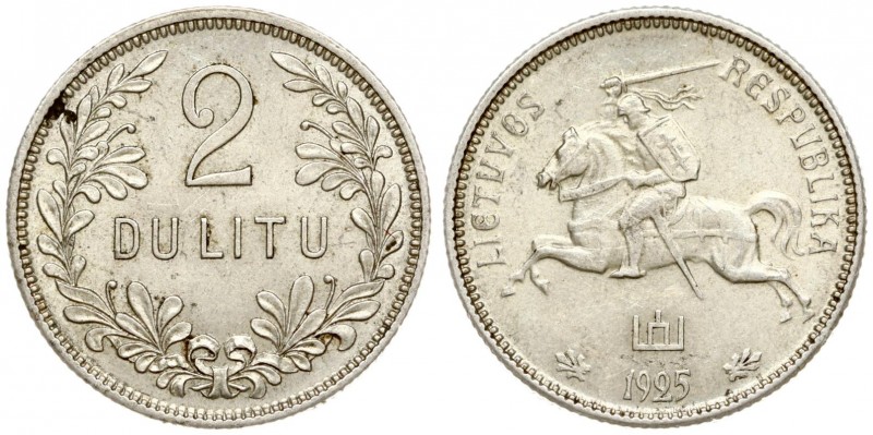 Lithuania 2 Litų 1925 Averse: National arms. Reverse: Denomination within wreath...