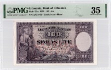 Lithuania 100 Litu 1928 Banknote Bank of Lithuania. Pick#25a 100 Litu. S/N A871942. Wmk: Man's Head. PMG 35 Choice Very Fine