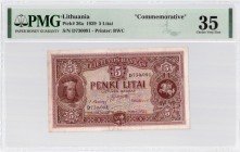 Lithuania 5 Litai 1929 Banknote Pick#26a 5 Litai. S/N D730091. Printer: BWC. PMG 35 Choice Very Fine