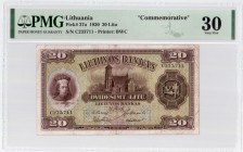 Lithuania 20 Litu 1930 Banknote 'Commerative'. Pick#27a 20 Litu. S/N C233711. Printer: BWC. PMG 30 Very Fine