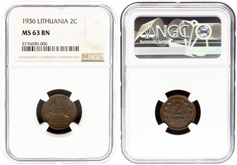 Lithuania 2 Centai 1936 Averse: National arms. Reverse: Large value divides date...