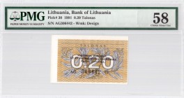 Lithuania 0.20 Talonas 1991 Banknote № AG 306442. Averse: Sage branch (Šalavijas; Salvia). Reverse: National coat of arms - Vytis (Knight on horseback...