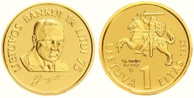 Lithuania 1 Litas 1997 75th Anniversary - Bank of Lithuania. Averse: National arms above value. Reverse: Bust 1/4 right. Gold. KM 109a. With Box & Cer...