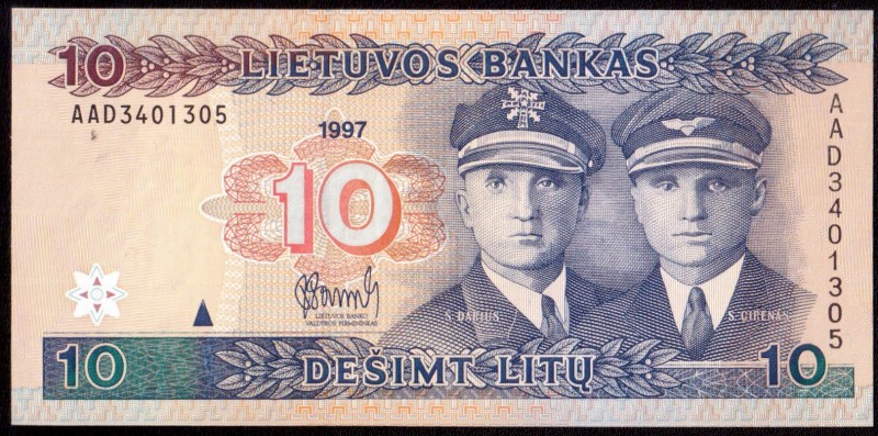 Lithuania 10 Litu 1997 Banknote. DARIUS/GIRENAS AIRCRAFT. N/O AAD3401305. P#59