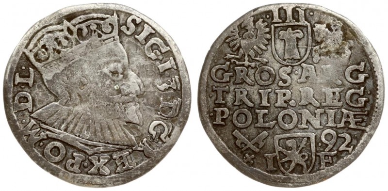 Poland 3 Groszy 1592 Poznan. Sigismund III Vaza(1587–1632). Averse: Crowned bust...