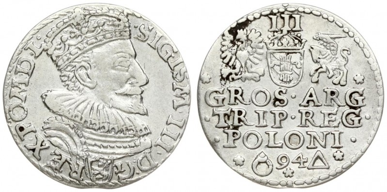 Poland 3 Groszy 1594 Malbork. Sigismund III Vasa (1587-1632). Averse: Crowned bu...