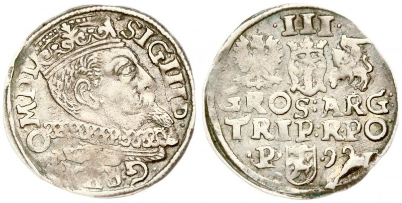 Poland 3 Groszy 1599 Poznan. Sigismund III Vaza(1587–1632). Averse: Crowned bust...