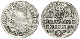Poland 3 Groszy 1606 Krakow. Sigismund III Vasa (1587-1632). Averse: Crowned bust. Reverse: Value and armorial above legend; date and mintmaster below...