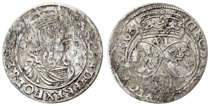 Poland 6 Groszy 1663 John II Casimir Vasa (1649–1668). Averse: Large crowned bus...