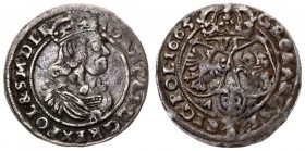 Poland 6 Groszy 1665 AT John II Casimir Vasa (1649–1668). Averse: Large crowned bust right in linear circle. Reverse: Crown above three shields. (endi...