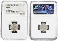 Poland 10 Groszy 1923(w) Averse: Crowned eagle with wings open. Reverse: Value within wreath. Nickel. Y 11. NGC MS 63
