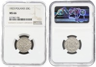 Poland 20 Groszy 1923 Averse: Crowned eagle with wings open. Reverse: Value within wreath. Nickel. Y 12; Parchimowicz 105. NGC MS 66