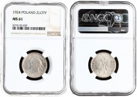 Poland 1 Zloty 1924 (Paris). Averse: Crowned eagle with wings open. Reverse: Bust left. Edge Description: Reeded. Silver. KM Y 15. NGC MS 61 RARE