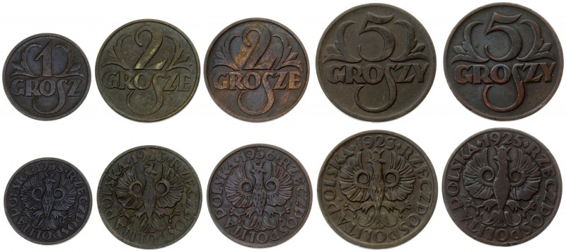 Poland 1 & 2 & 5 Groszy 1925-1938(w) Averse: Crowned eagle with wings open. Reve...