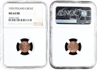 Poland 1 Grosz 1925(w) Averse: Crowned eagle with wings open. Reverse: Stylized value. Bronze. Y 8. NGC MS 64 RB