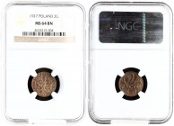 Poland 2 Grosze 1927(w) Averse: Crowned eagle with wings open. Reverse: Stylized value. Bronze. Y 9a. NGC MS 64 BN