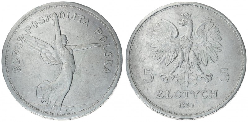 Poland 5 Zlotych 1928 (b) Averse: Crowned eagle with wings open. Reverse: Winged...