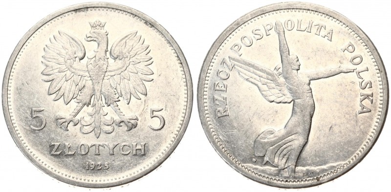 Poland 5 Zlotych 1928 (w) Averse: Crowned eagle with wings open. Reverse: Winged...