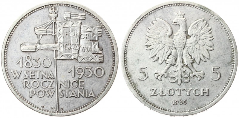 Poland 5 Zlotych 1930 (w) Centennial of 1830 Revolution. Averse: Crowned eagle w...