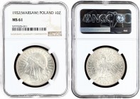 Poland 10 Zlotych 1932(w). Averse: National arms flanked by value. Averse Legend: RZECZPOSPOLITA POLSKA. Reverse: Radiant head of Queen Jadwiga left. ...