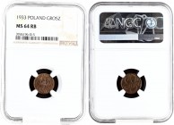 Poland 1 Grosz 1933(w) Averse: Crowned eagle with wings open. Reverse: Stylized value. Bronze. Y 8a. NGC MS 64 RB RARE
