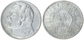 Poland 10 Zlotych 1934 (w) Averse: Rifle Corps symbol below eagle with wings open. Reverse: Head of Jozef Pilsudski left. Edge Description: Reeded. Y ...