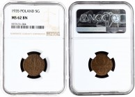 Poland 5 Groszy 1935(w) Averse: Crowned eagle with wings open. Reverse: Stylized value. Bronze. Y 10a. NGC MS 62 BN